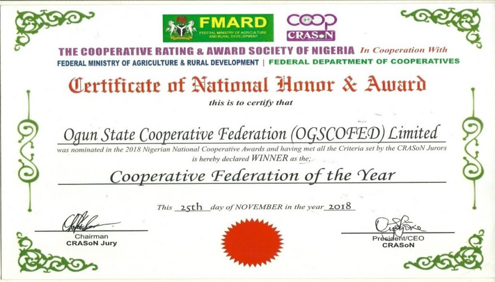 Award and Recognition OGUN STATE COOPERATIVE FEDERATION LIMITED